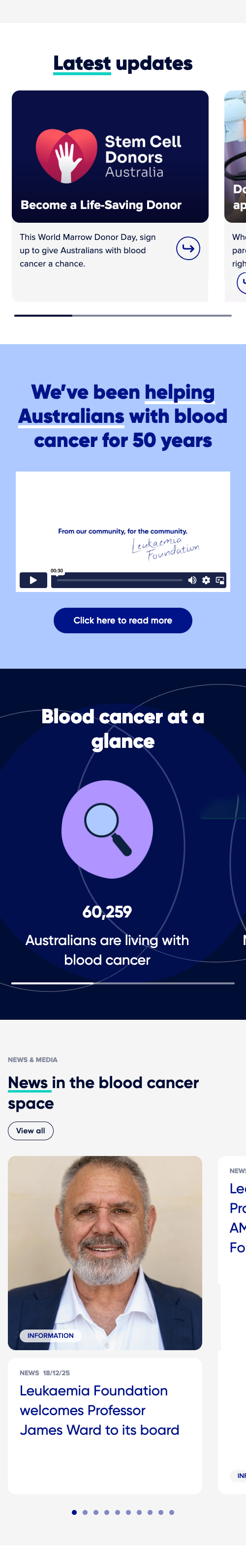 Screenshot of the Leukaemia Foundation mobile website home page.