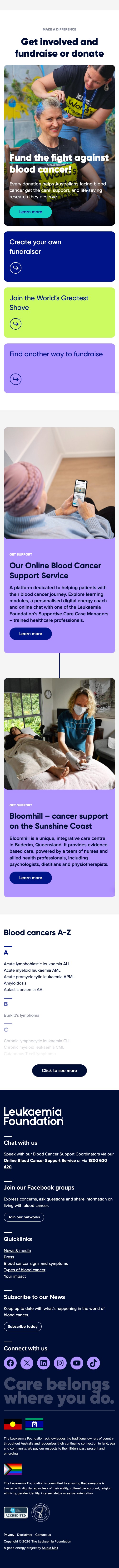 Screenshot of the Leukaemia Foundation mobile website home page.