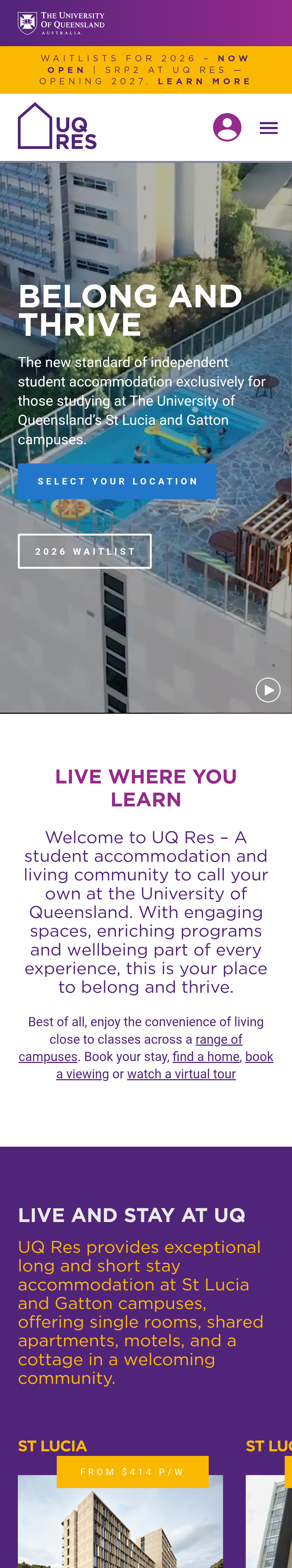 Screenshot of UQ Res mobile home page.