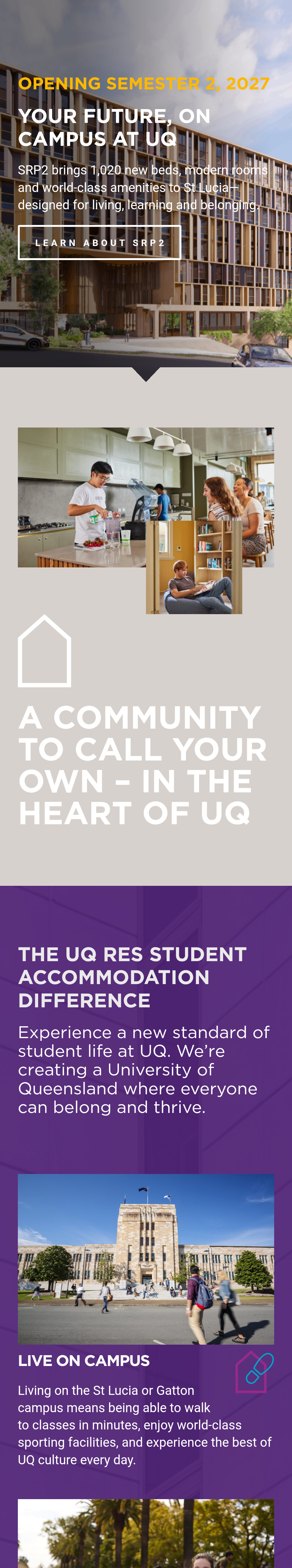 Screenshot of UQ Res mobile home page.