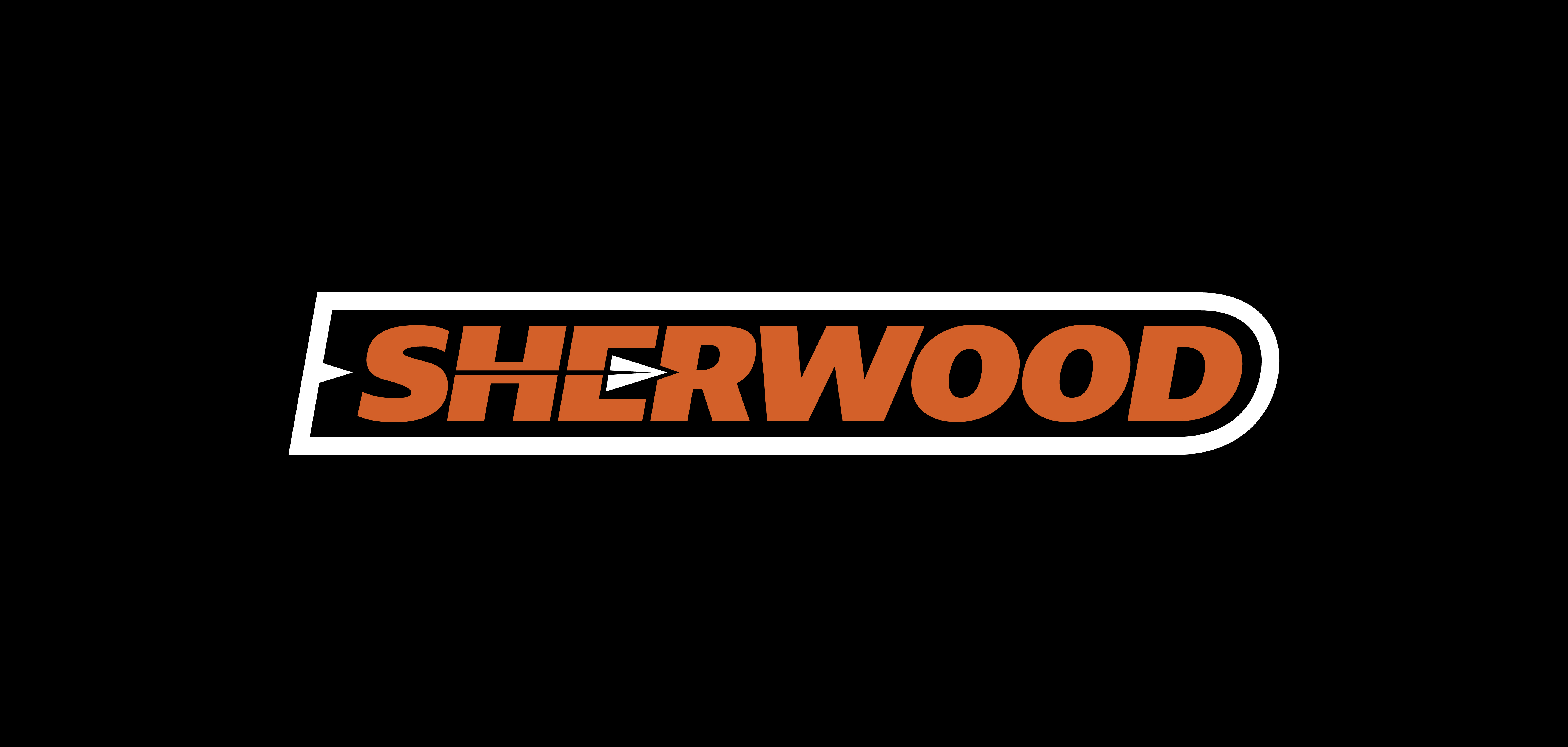 Orange and white Sherwood logo on a black background.