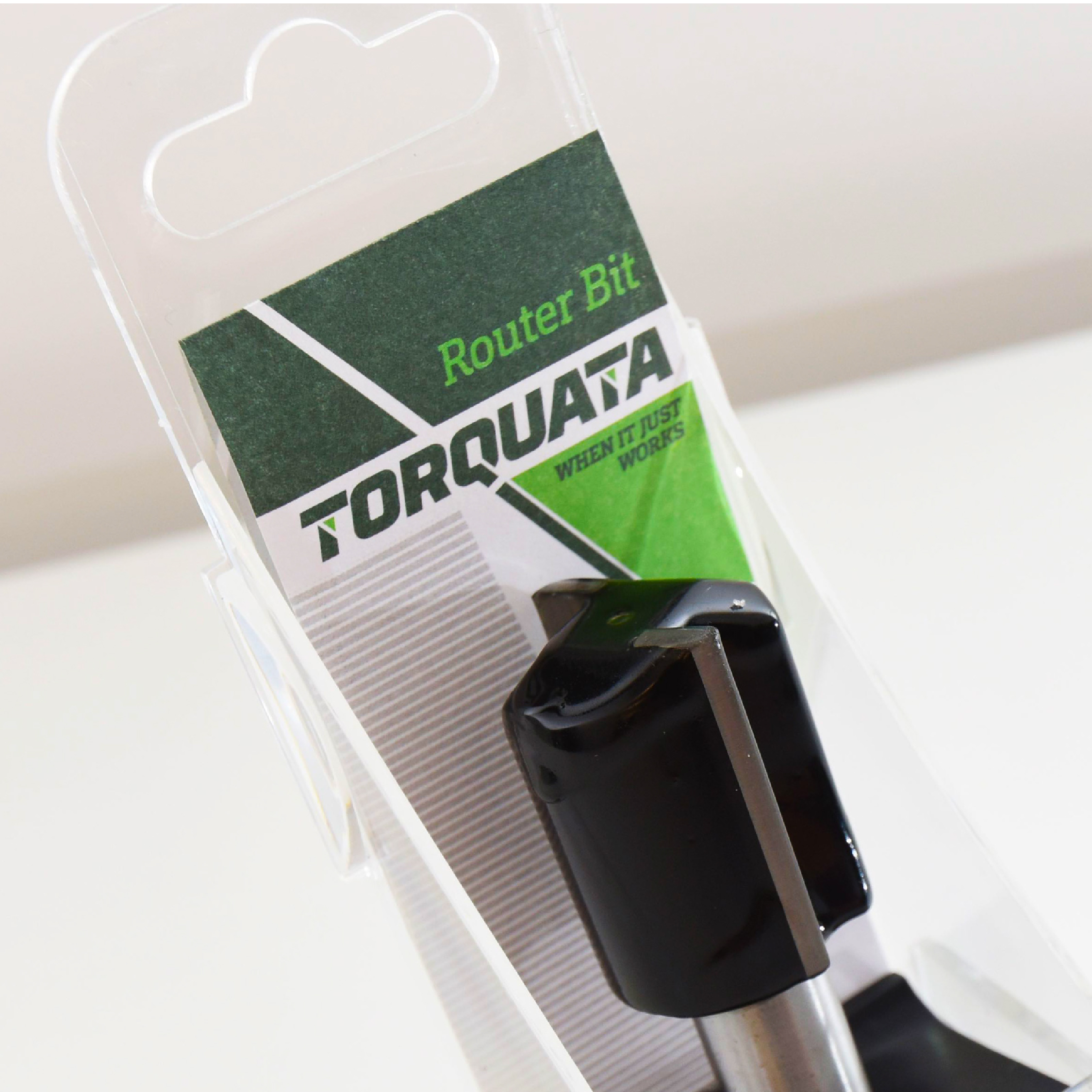Close up of Torqata router bit packaging.