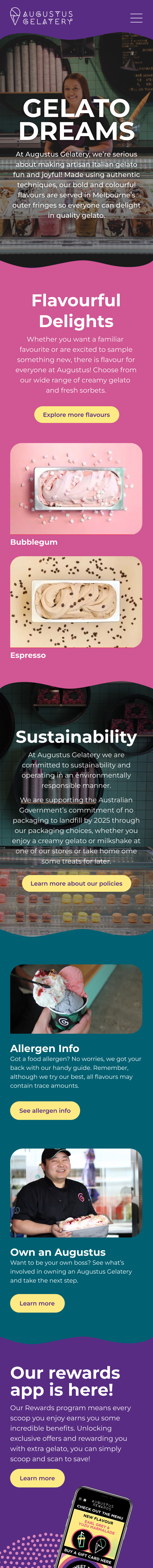 Screenshot of Augustus Gelatery website home page on mobile.