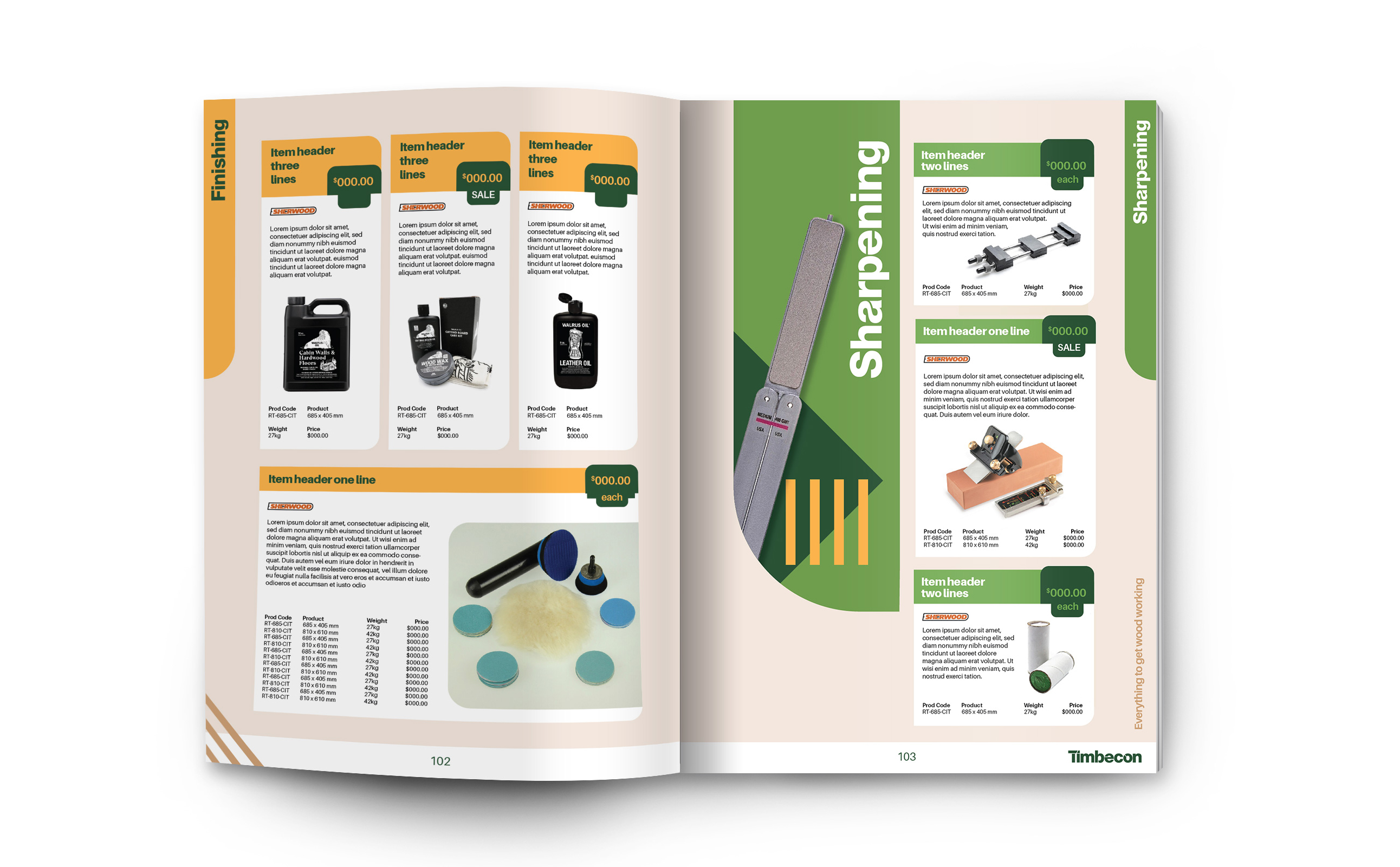 Open magazine spread of Timbecon product manual, showing the finishing and sharpening pages.