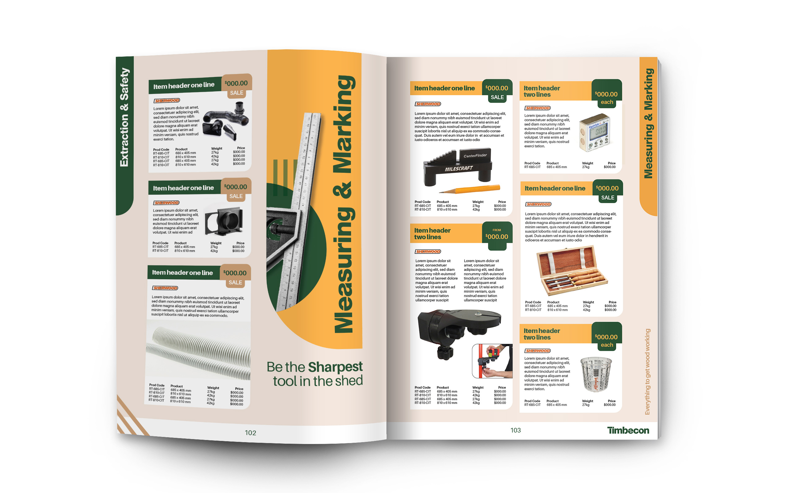 Open magazine spread of Timbecon product manual, showing the extraction & safety and measuring & marking pages.