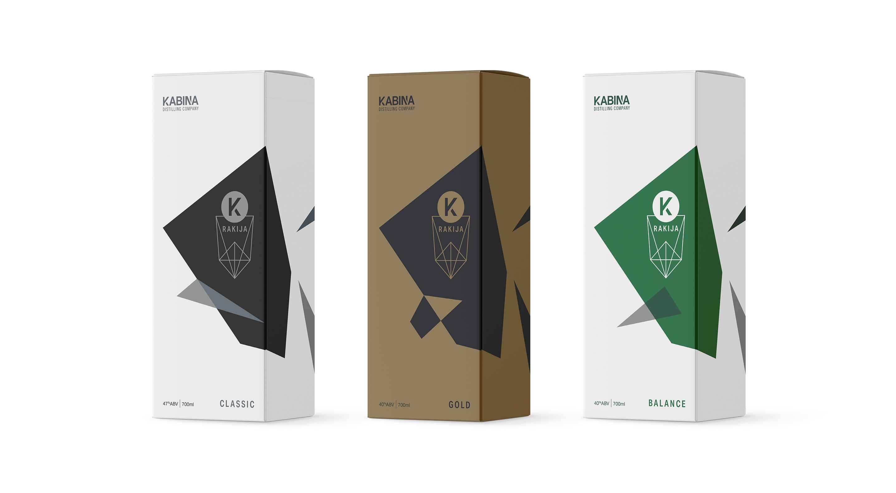 Three boxes of Kabina Rakija: Classic,  Gold and Balance flavour profiles.