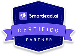Blue and purple badge with Smartlead.ai logo and text 'Certified Partner'.