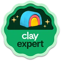 Badge with a colorful clay arch and the text 'clay expert' on a green background.