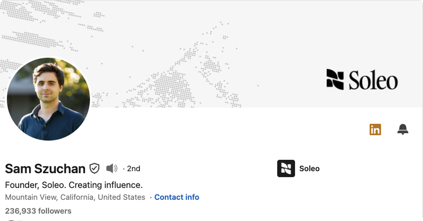 Sam Szuchan LinkedIn banner, Soleo logo on dotted world map