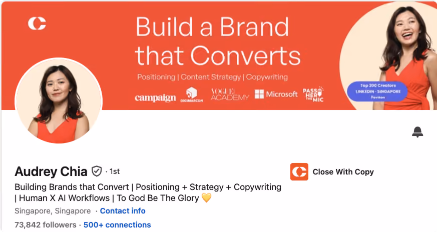 Audrey Chia LinkedIn banner, Build a Brand that Converts