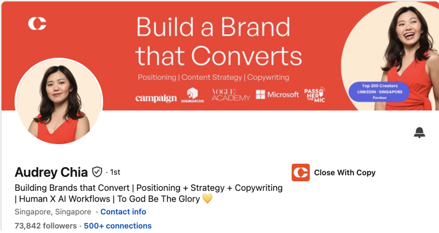 Audrey Chia LinkedIn banner, Build a Brand that Converts