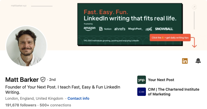 Matt Barker LinkedIn banner, Fast Easy Fun LinkedIn writing