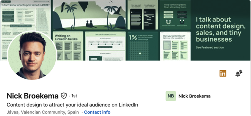 Nick Broekema LinkedIn banner, content design, sales, tiny businesses