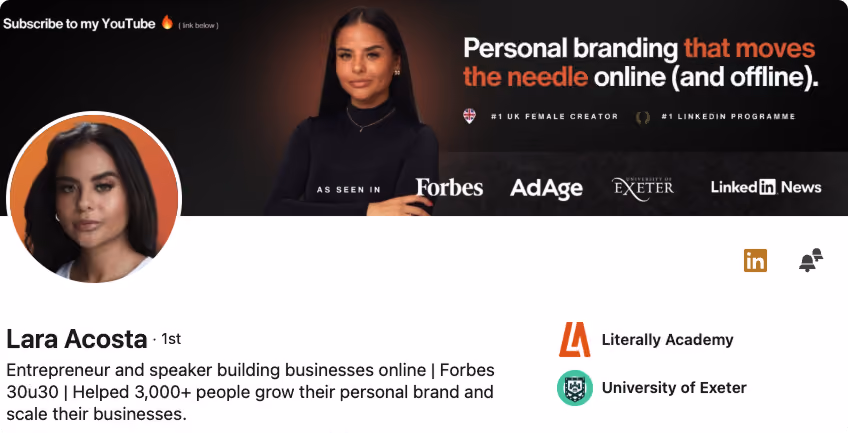 Lara Acosta LinkedIn banner, personal branding that moves the needle