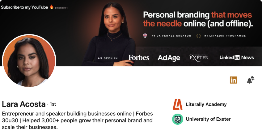 Lara Acosta LinkedIn banner, personal branding that moves the needle