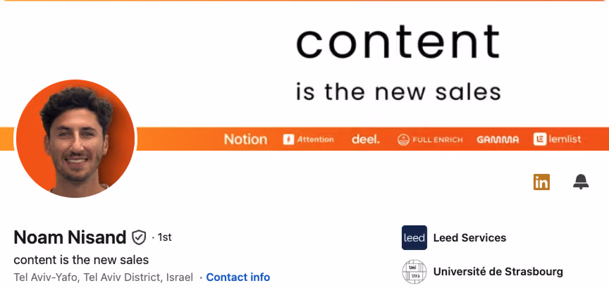 Noam Nisand LinkedIn banner, content is the new sales