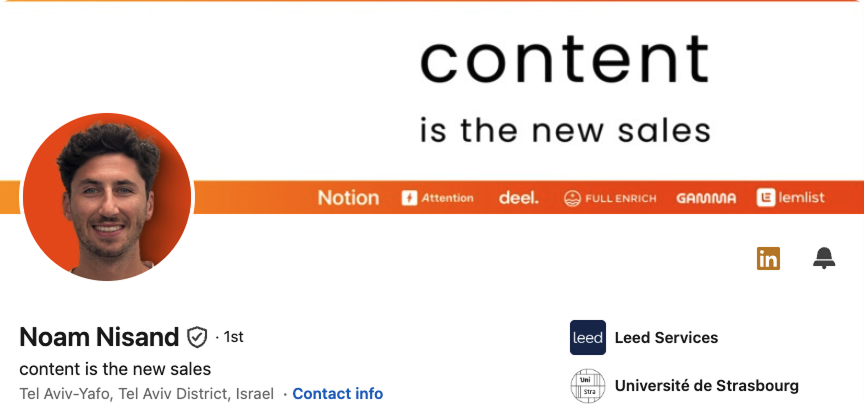 Noam Nisand LinkedIn banner, content is the new sales