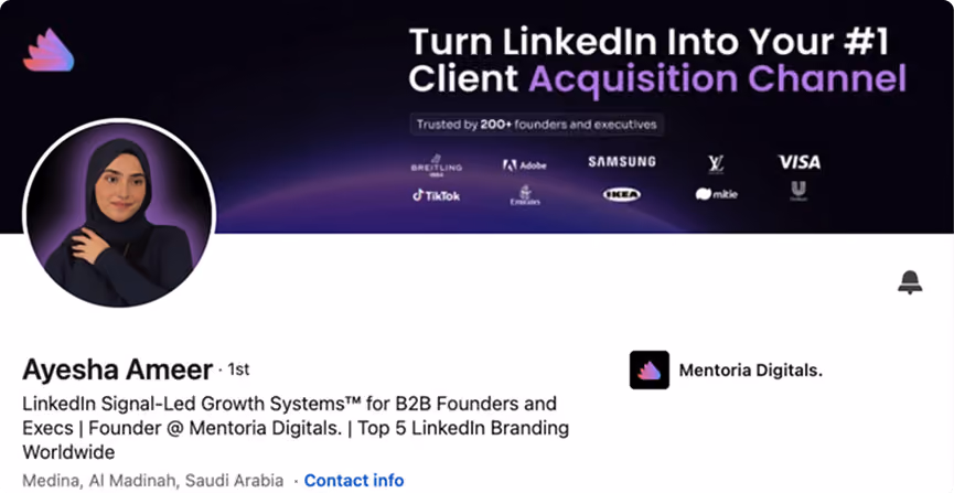 Ayesha Ameer LinkedIn banner, Turn LinkedIn Into Your #1 Client Acquisition Channel