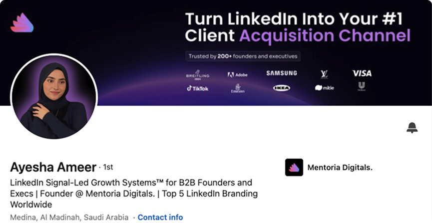Ayesha Ameer LinkedIn banner, Turn LinkedIn Into Your #1 Client Acquisition Channel