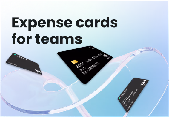 Three black Visa expense cards for teams floating over a blue gradient background with text 'Expense cards for teams'.