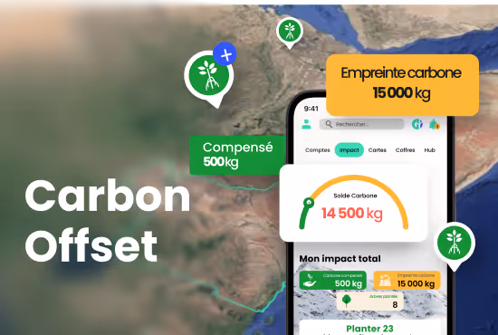 Screenshot of a carbon offset app showing a map with carbon compensation icons and metrics including 15,000 kg carbon footprint and 500 kg compensated carbon.