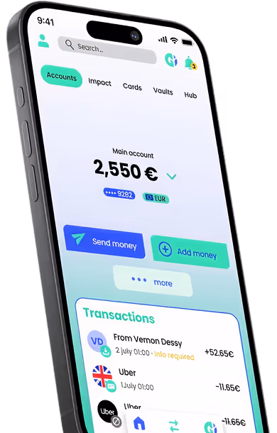 Mobile banking app screen showing a main account balance of 2,550 euros, with options to send or add money and recent transactions listed below.