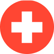 White Swiss cross centered on a solid red circular background.