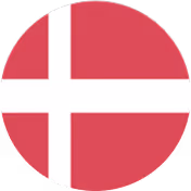 Circle-shaped flag of Denmark with a white Scandinavian cross on a red background.