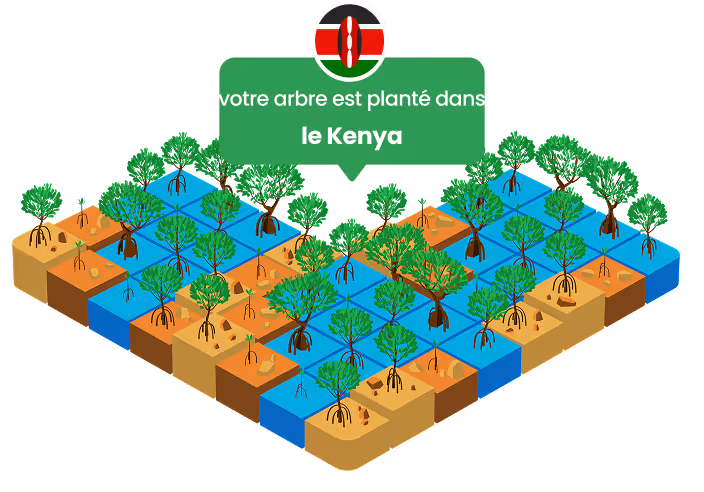 Isometric illustration of soil, water, and various trees with a label showing the Kenyan flag and text indicating a tree is planted in Kenya.