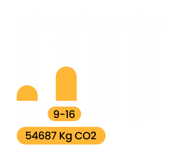 Bar chart titled 'This month spendings' showing CO2 emissions in kilograms for date ranges 1-8, 9-16, 17-23, and 24-31; highest emission is 54687 Kg CO2 for 9-16.