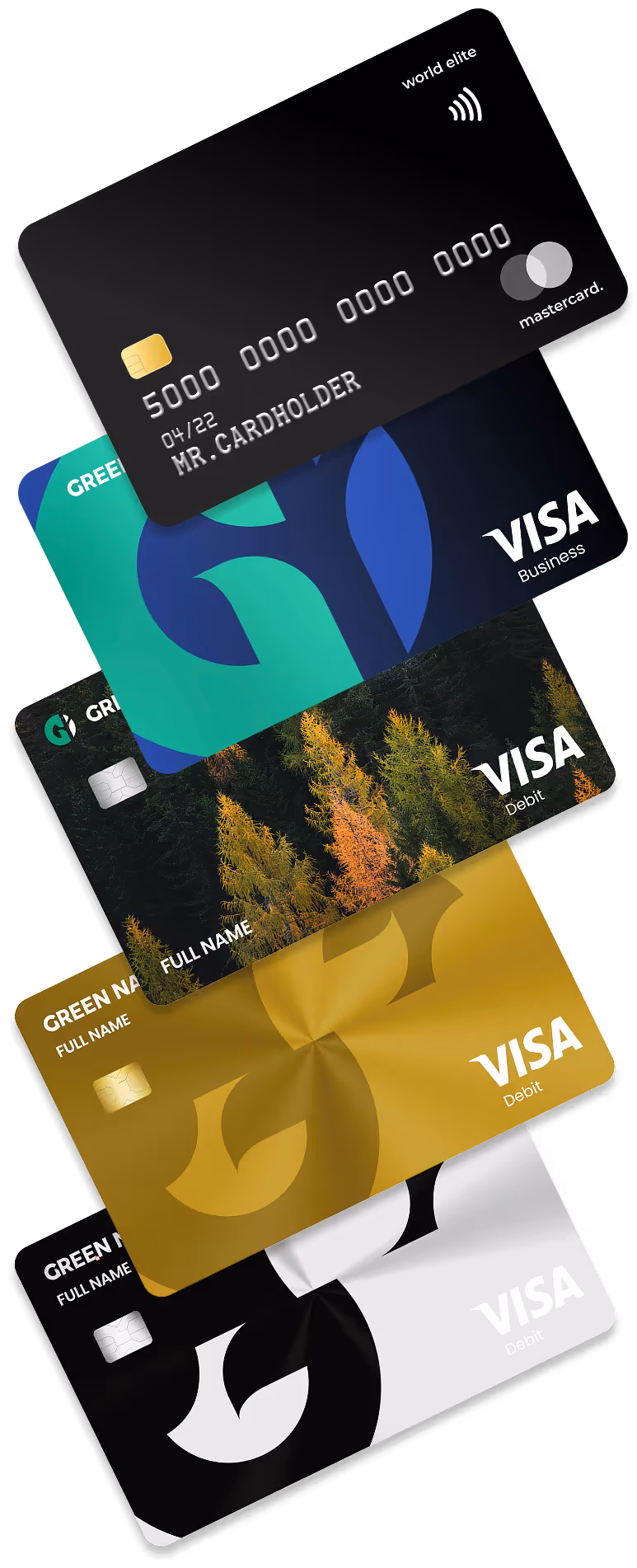 Stack of five credit and debit cards with various designs including a black MasterCard world elite card and multiple VISA cards featuring nature and abstract patterns.