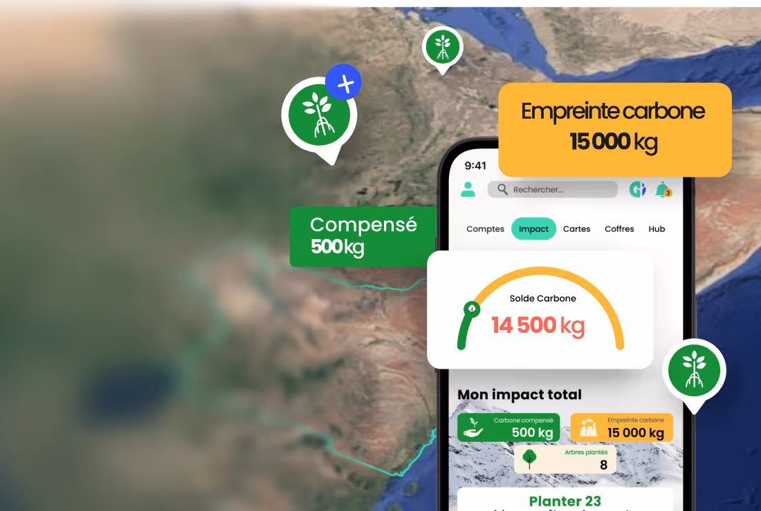 Mobile app screen displaying carbon footprint with 15,000 kg carbon footprint, 500 kg compensated carbon, and a carbon balance of 14,500 kg over a blurred satellite map background.
