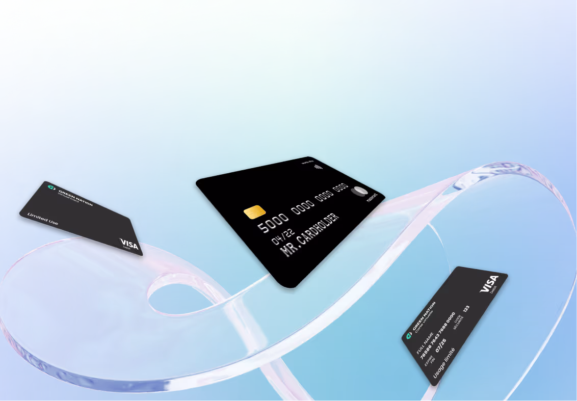 Three VISA cards—black, blue, and yellow—floating on a transparent, curved surface with text 'Physical and virtual card' on blue gradient background.