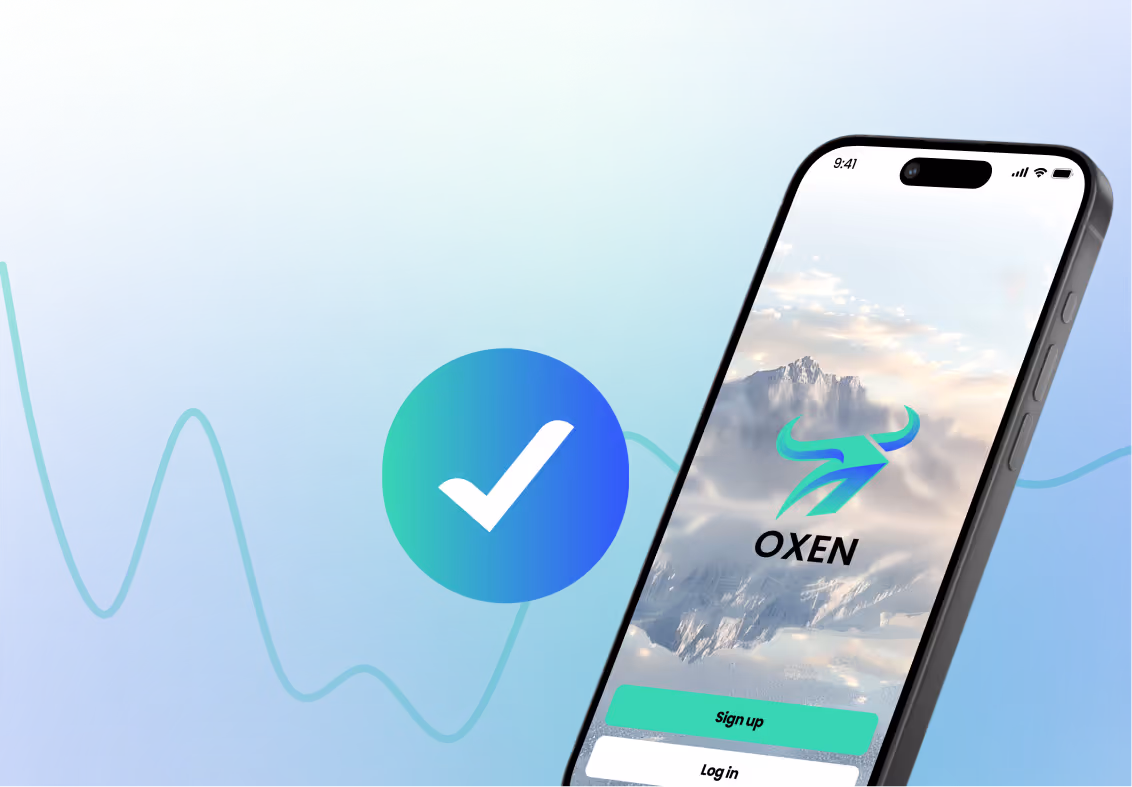 Smartphone displaying the Green Nation app sign-up screen with a mountain background and a large checkmark icon on a blue-green gradient.