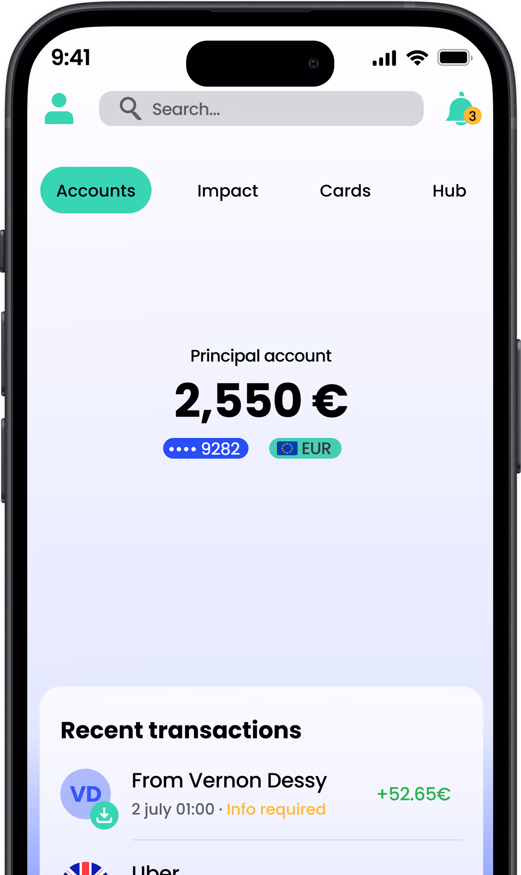 Mobile banking app screen showing principal account balance of 2,550 euros, with tabs for Accounts, Impact, Cards, and Hub, and recent transactions including one from Vernon Dessy.