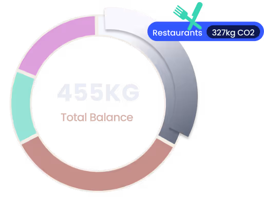 Donut chart showing total carbon balance of 455 KG, highlighting 327 KG CO2 contribution from restaurants.