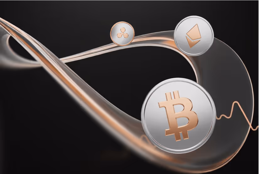 Digital illustration of floating cryptocurrency icons for Bitcoin, Ethereum, Ripple, and Tether against a dark blue gradient background with abstract wave shapes.