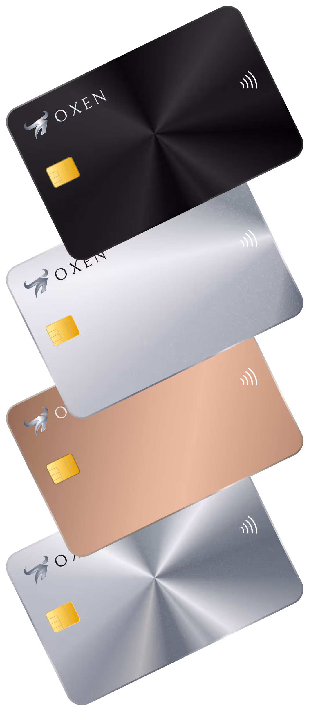 Four stacked OXEN payment cards in black, silver, rose gold, and gray, each with a chip and contactless symbol.