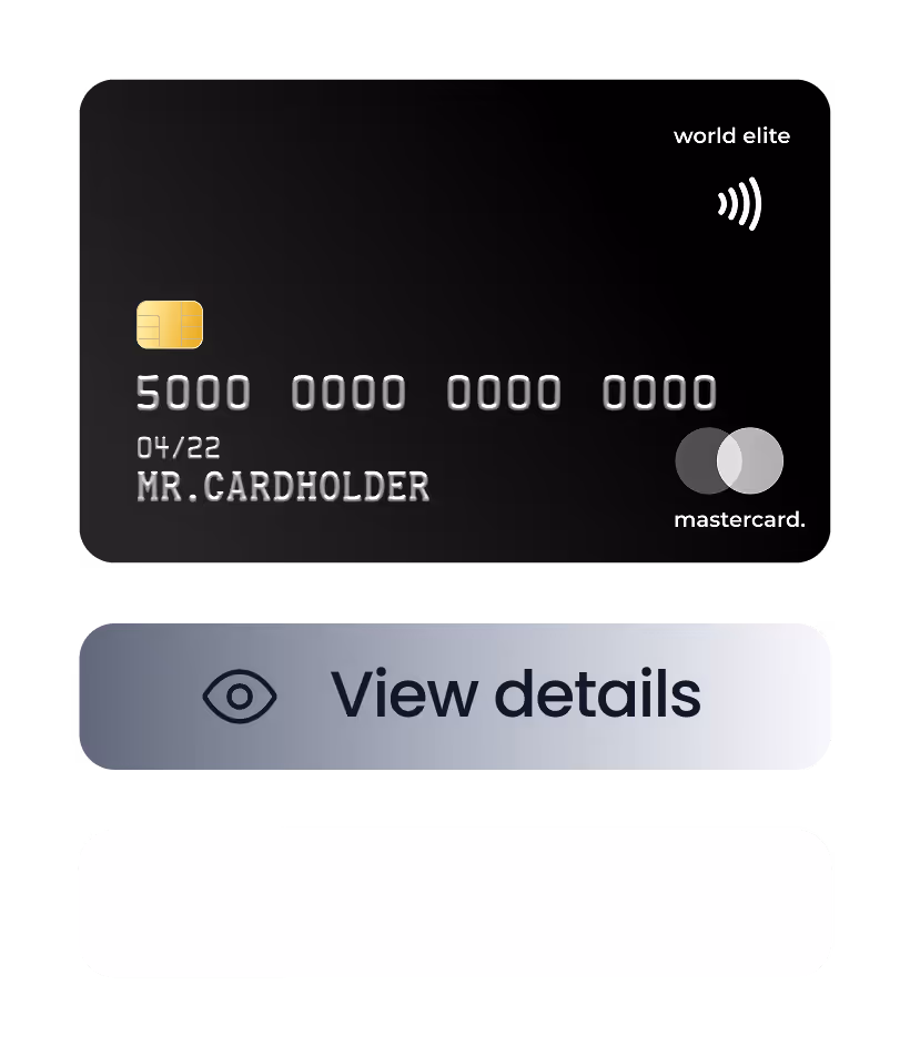 Black Mastercard World Elite credit card with chip, contactless symbol, placeholder card number, and cardholder name Mr. Cardholder.