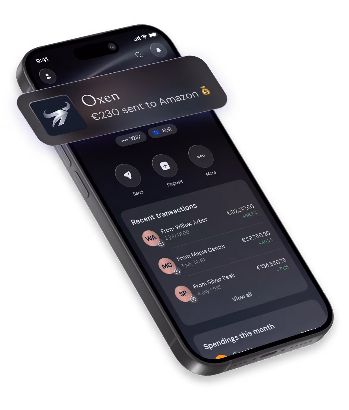 Smartphone screen showing a banking app with main account balance of 2,550 euros, buttons for sending and adding money, and recent transactions including Amazon and Uber.