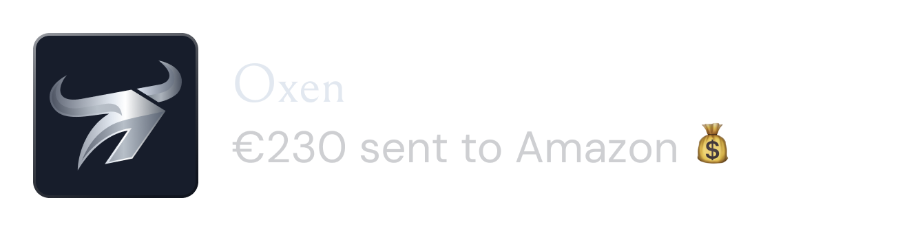 Oxen app icon with teal and blue bull head next to text saying 230 euros sent to Marie with a money bag emoji.