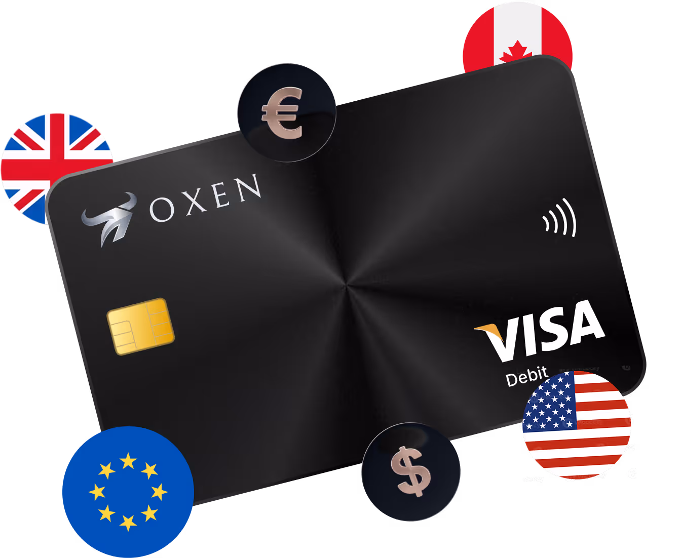 Black Oxen payment card surrounded by flags of the UK, Canada, the US, and the European Union, with euro and dollar currency symbols.