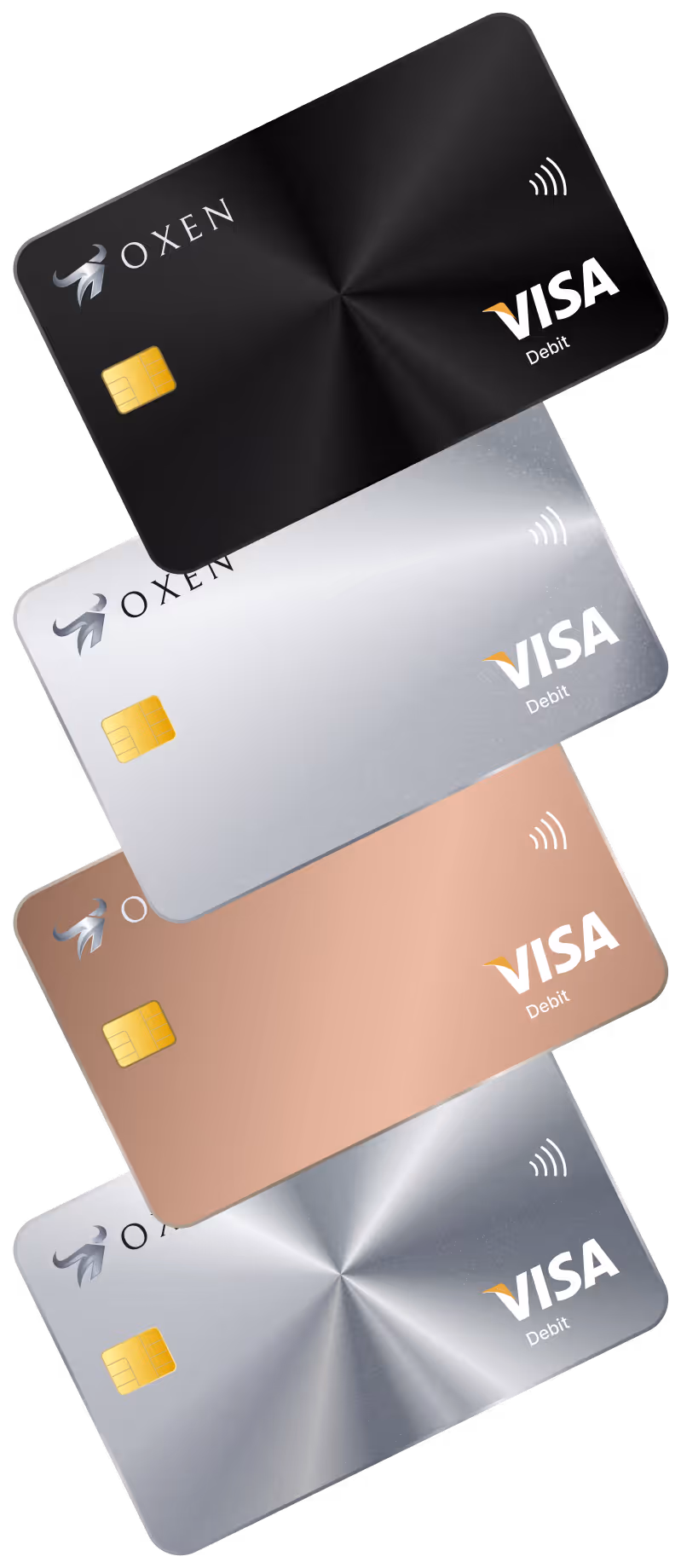 Four stacked payment cards in black, silver, rose gold, and metallic gray, each with an embedded chip and contactless symbol labeled 'OXEN'.