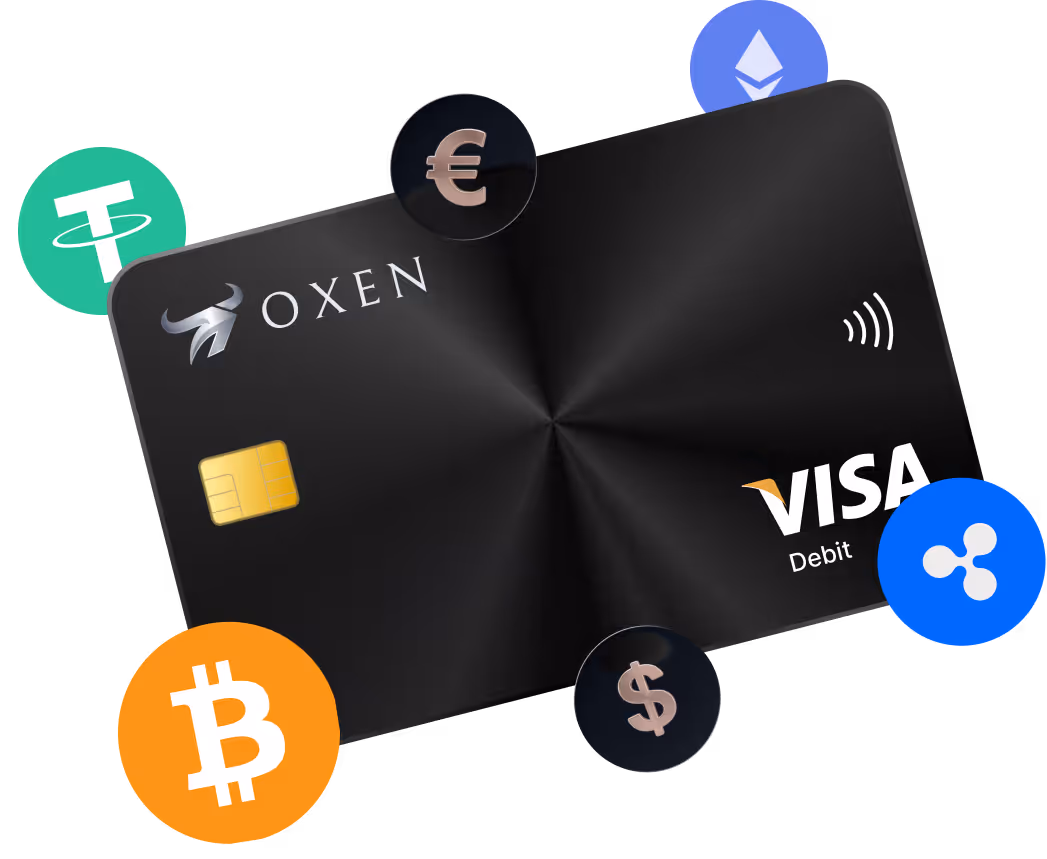 Black Oxen card surrounded by cryptocurrency and currency symbols including Bitcoin, Tether, Euro, Ethereum, Dollar, and Ripple.