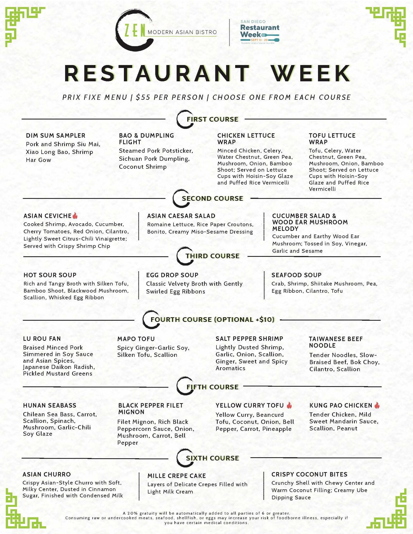 Zen Modern Asian Bistro San Diego Restaurant Week menu