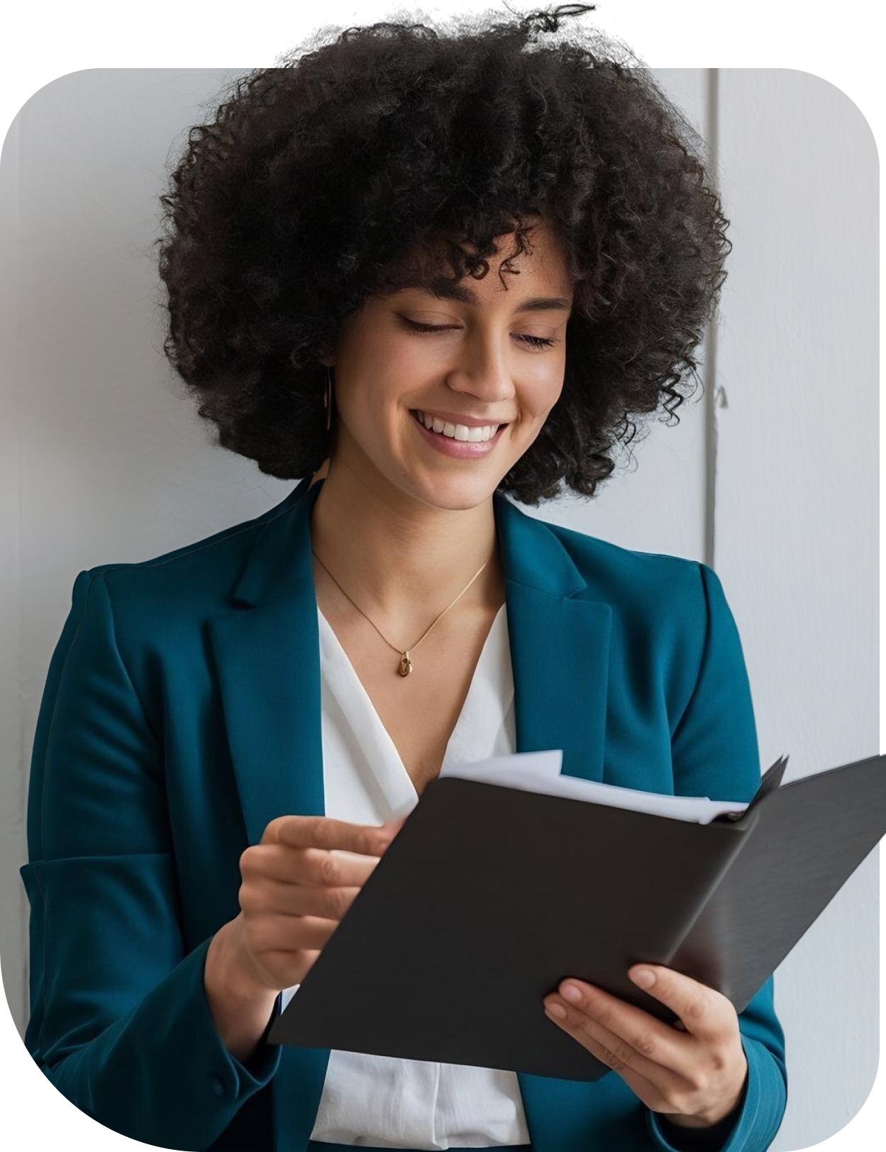 Happy Lady looking at notes
