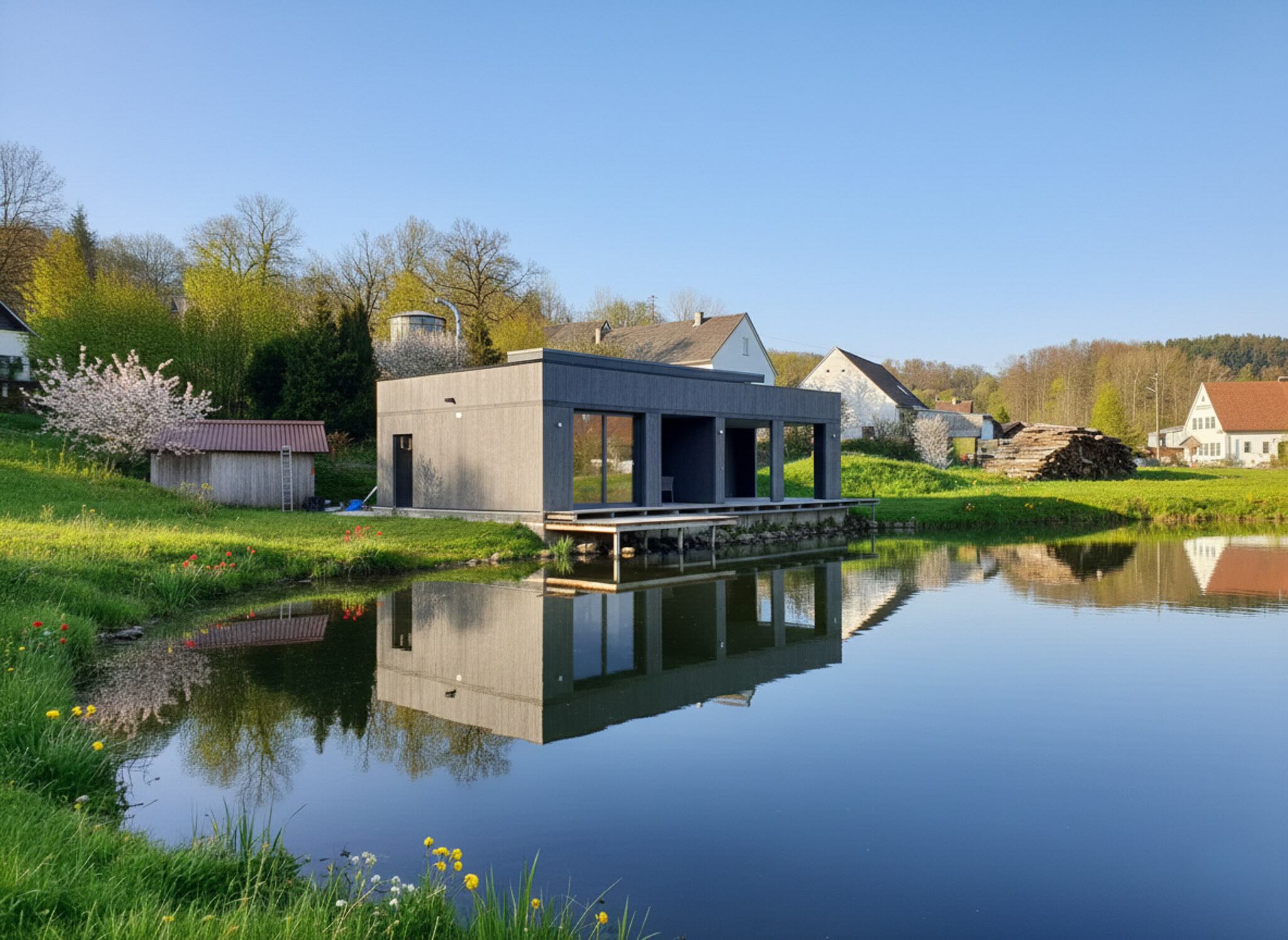 Puristisches Gebäude in nachhaltiger Holzbauweise am See.