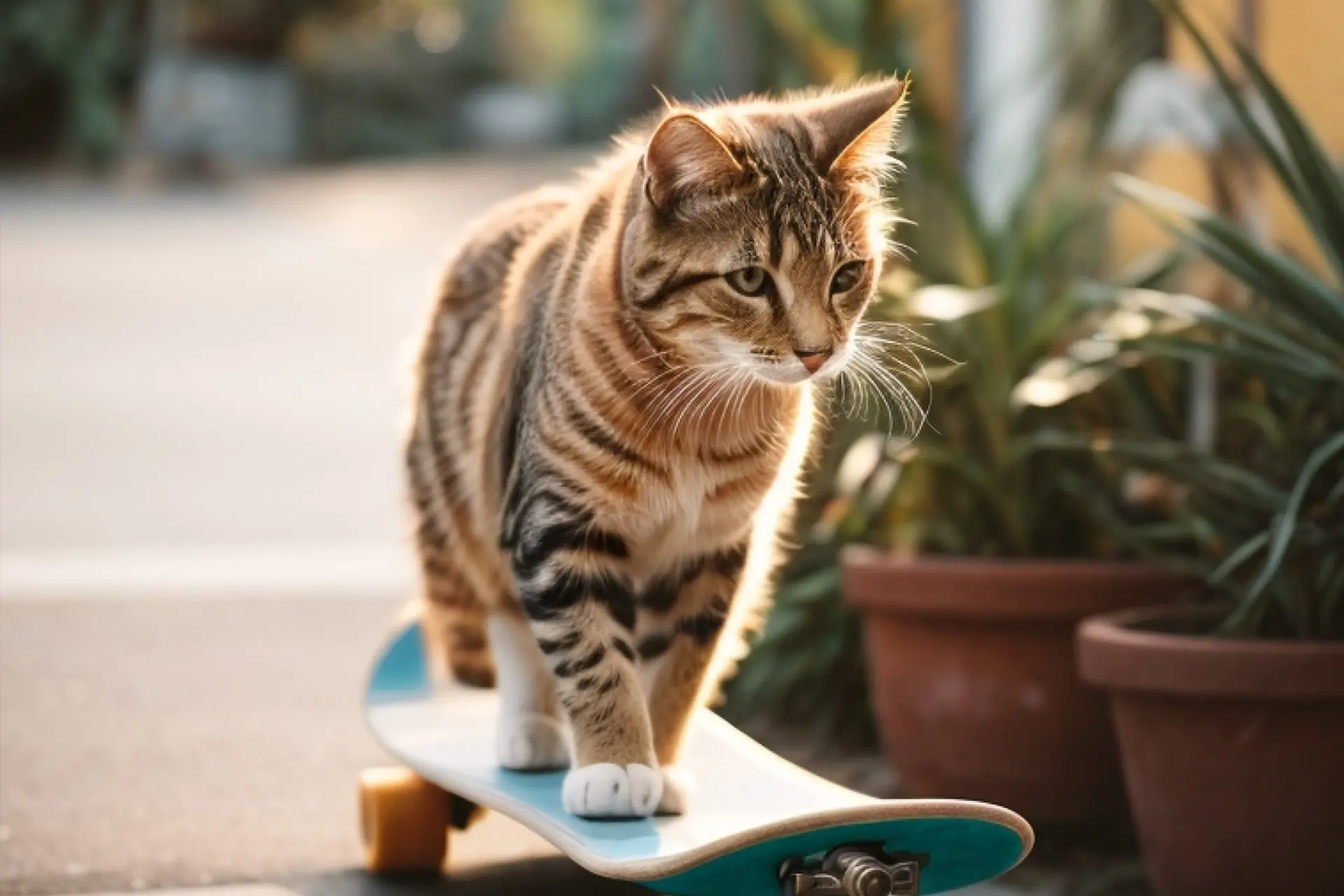 Visuel d'un chat sur un skateboard généré par l'IA Adobe Firefly