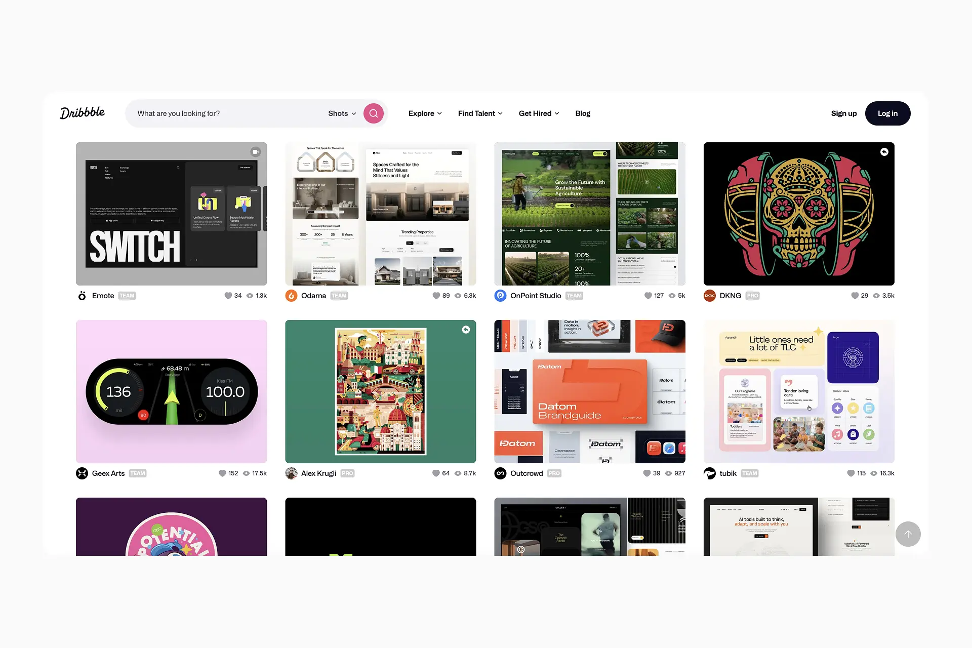 Visuel de la home page du site Dribble - un site d'inspiration visuel et design