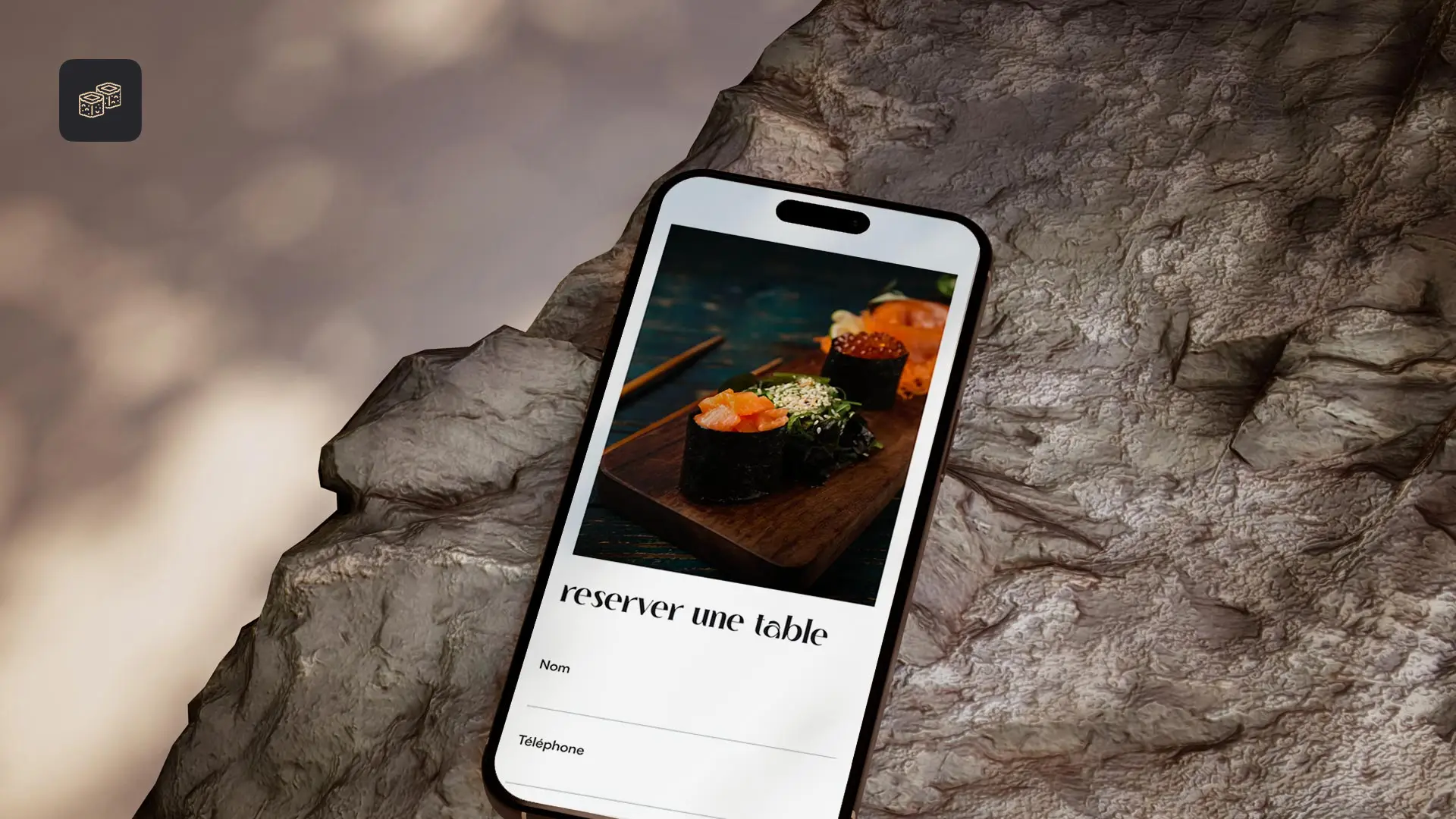 Mockup smarphone présentant le template UI du restaurant Ishami